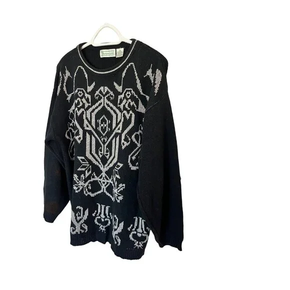 VINTAGE Shenanigans Black and White Patterned Sweater SZ M - Picture 3 of 6